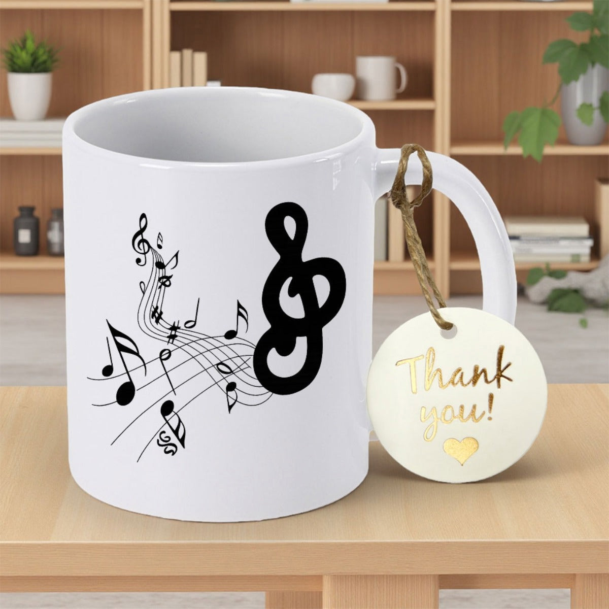 Tailorly White Ceramic 11 oz Mug - Thank You Elegant Black Melodic Staff Lines With Artistic Dancing Musical Notes Treble Clef