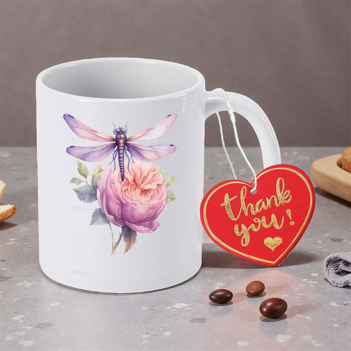 Tailorly White Ceramic 11 oz Mug - Thank You Elegant Purple Wings Resting Gently On Pink Floral Rose Dragonfly