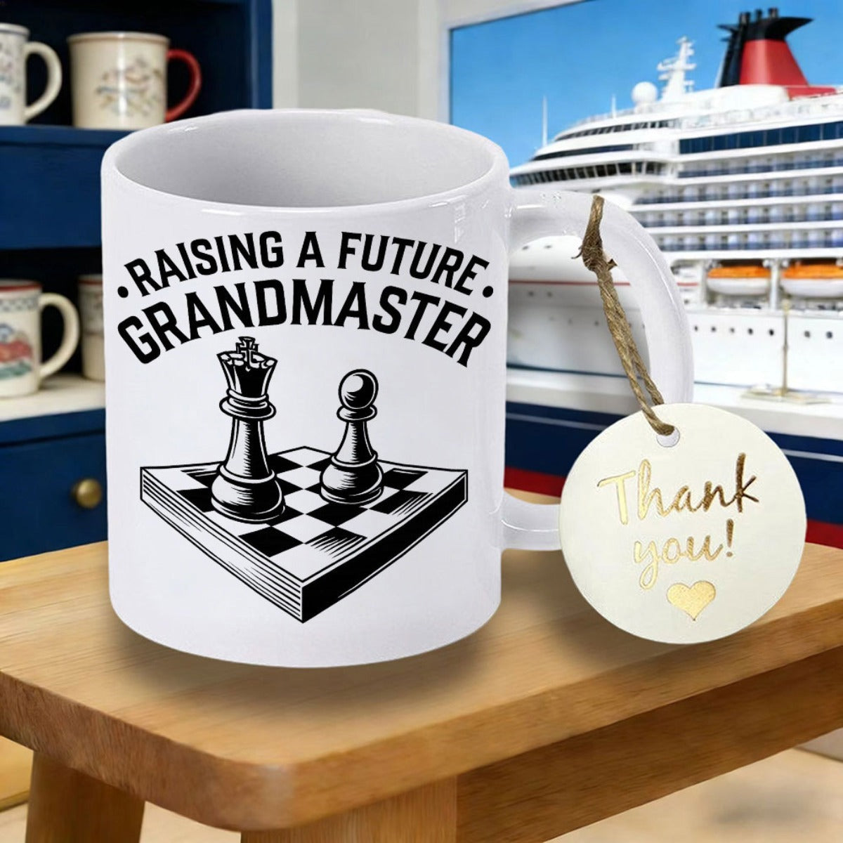 Tailorly White Ceramic 11 oz Mug - Raising A Future Grandmaster Detailed Checkered Board Featuring Royal Queen And Pawn Chessboard