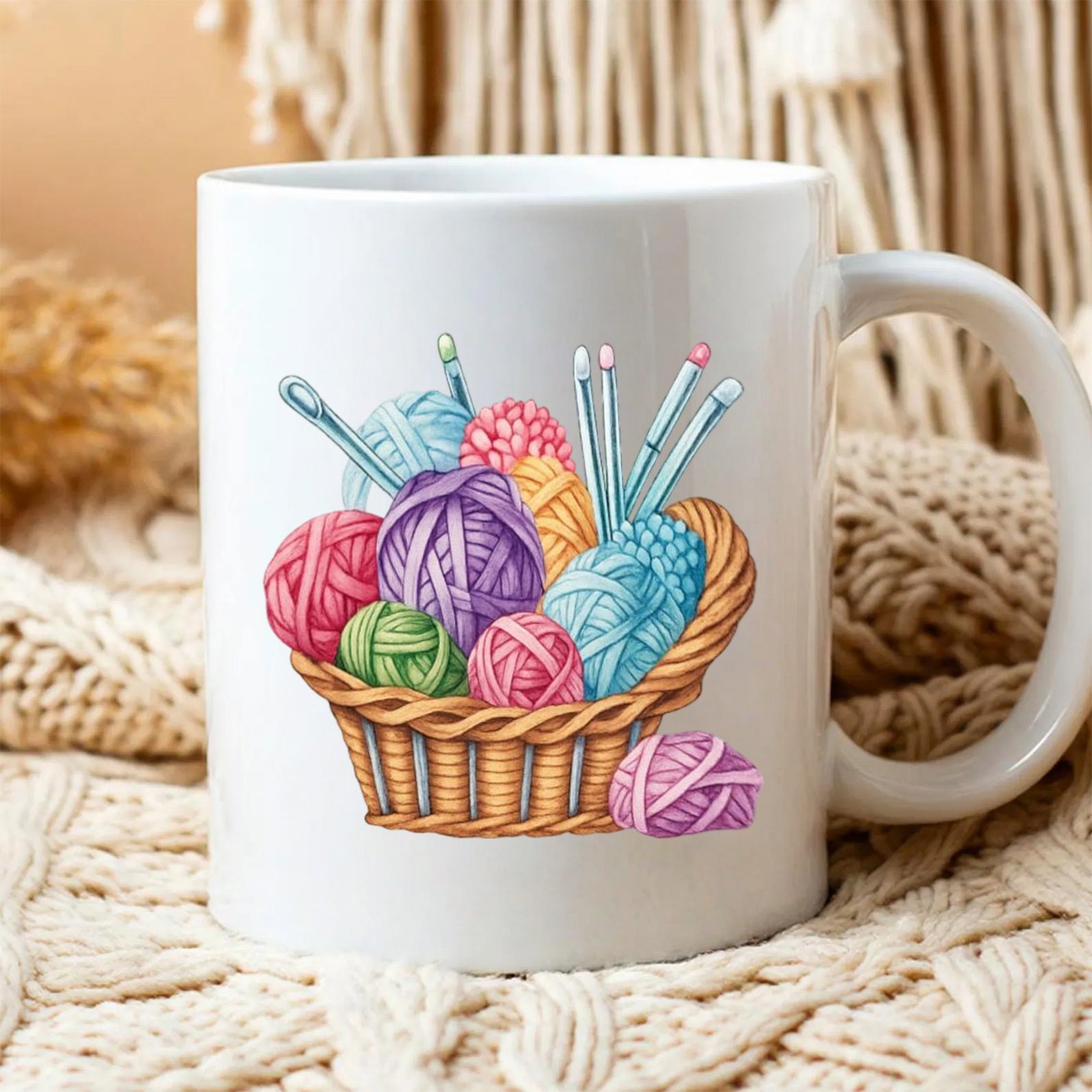 Tailorly White Ceramic 11 oz Mug - Colorful Balls Of Yarn With Knitting Needles Inside A Woven Basket