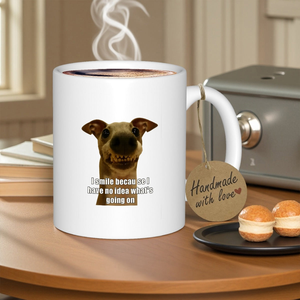 Tailorly White Ceramic 11 oz Mug - I Smile Because I Have No Idea Whats Going On Funny Brown Dog With Toothy Grin And Expressive Eyes Dog