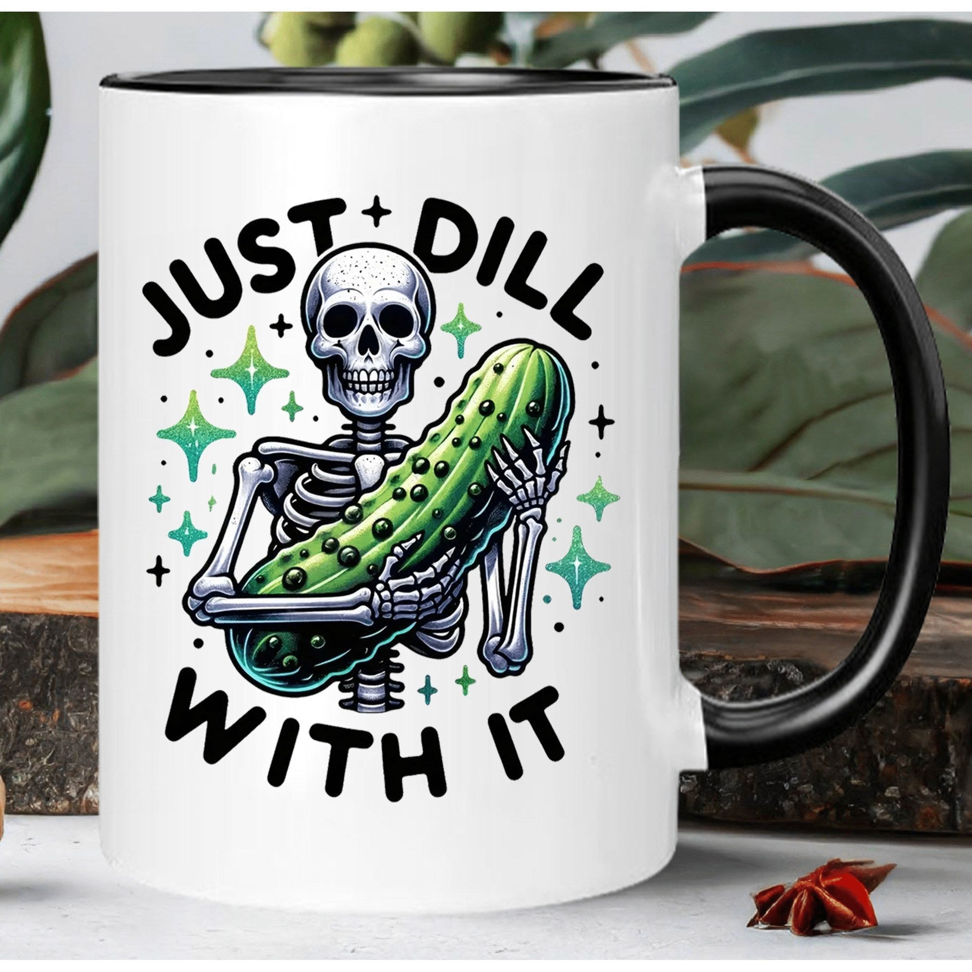 Tailorly Black Accent 11 oz Mug - just with it humorous skeleton pickle
