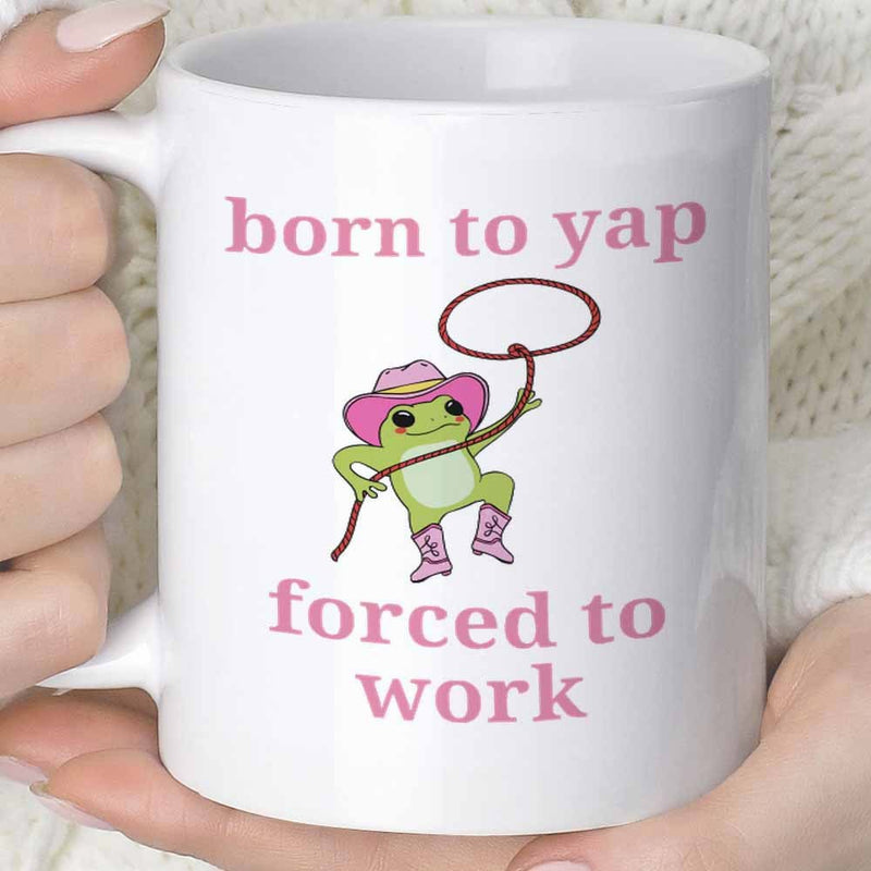 Tailorly White Ceramic 11 oz Mug - Born To Yap Forced To Work Adorable Green Cowboy Wearing Pink Hat And Boots Swinging Lasso Frog
