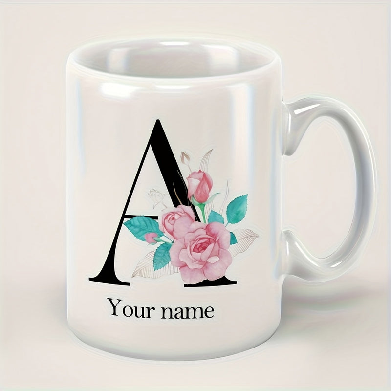 Tailorly White Ceramic 11 oz Mug - Your Name Elegant Serif Capital Letter A With Blooming Pink Roses Alphabet Letter