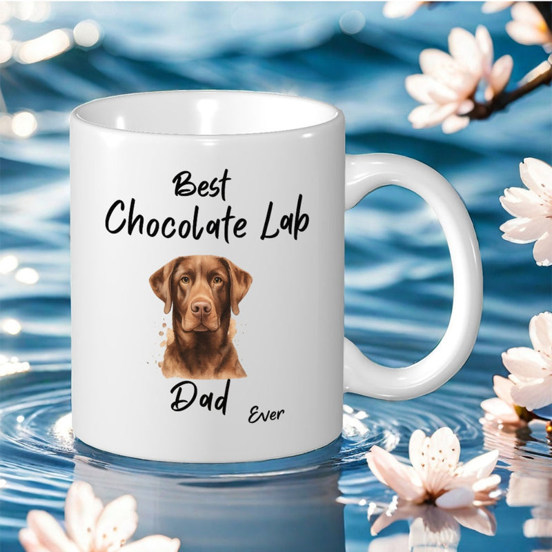 Tailorly White Ceramic 11 oz Mug - Best Chocolate Lab Dad Ever Realistic Hand Painted Brown Puppy Portrait Resting On Ceramic Surface Labrador