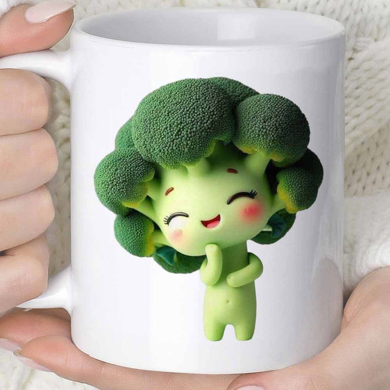 Tailorly White Ceramic 11 oz Mug - Cute Smiling Vegetable Character With Green Bushy Hair And Small Body Broccoli