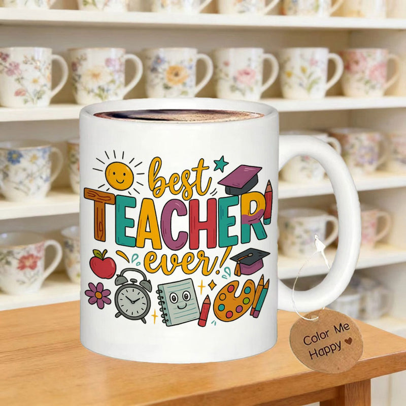 Tailorly White Ceramic 11 oz Mug - Best Teacher Ever Colorful School Elements Including Sun Pencils And Palette Design
