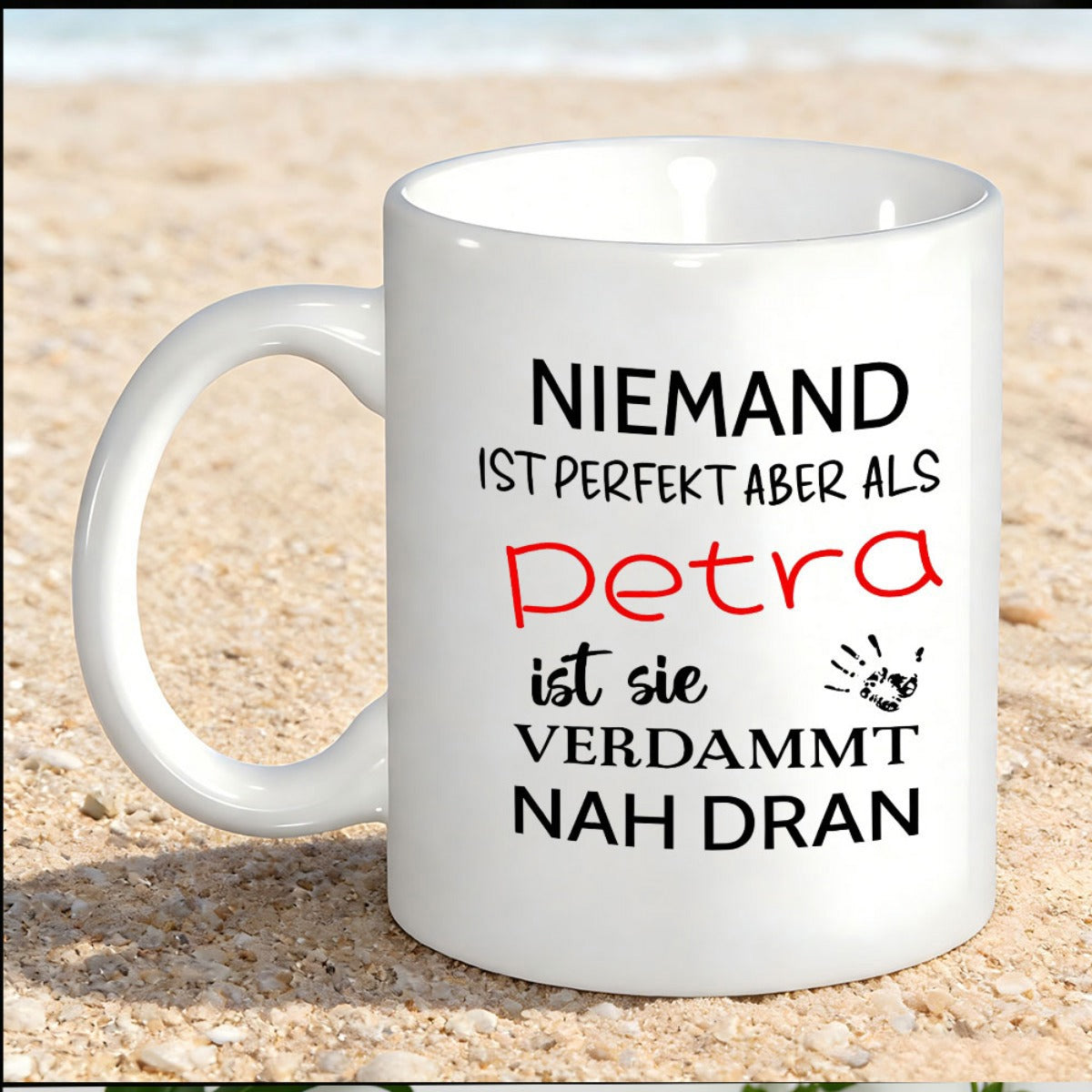 Tailorly White Ceramic 11 oz Mug - Petra Ceramic White Surface Featuring Elegant Typography And A Small Black Handprint Mug