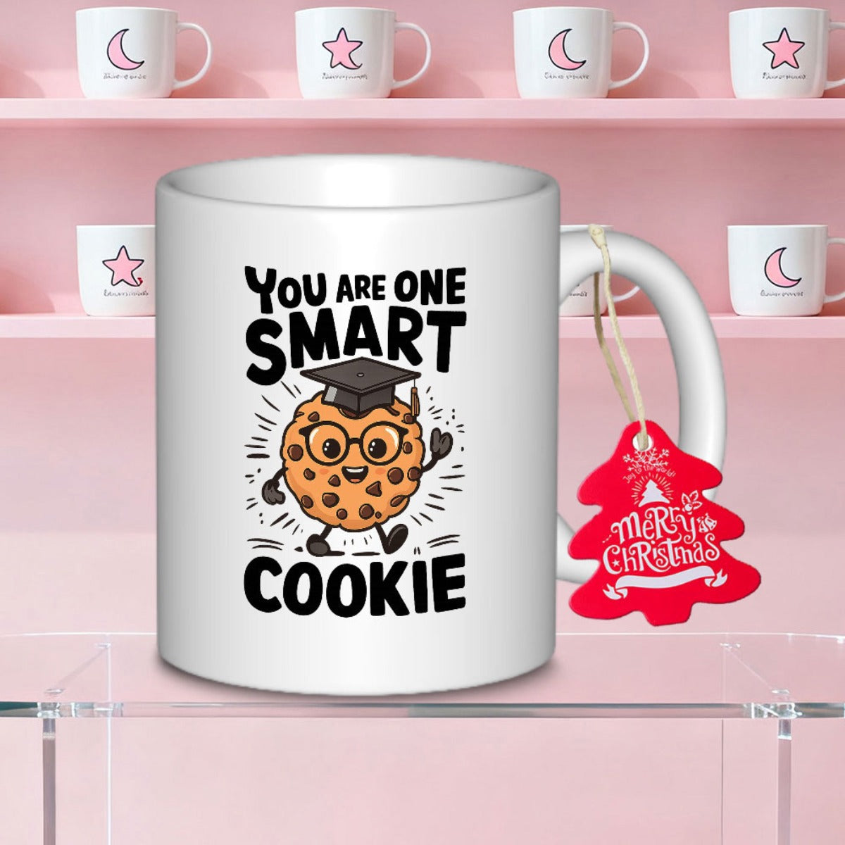 Tailorly White Ceramic 11 oz Mug - You Are One Smart Cookie Playful Cartoon Character Wearing Academic Graduation Cap And Scholarly Glasses Cookie