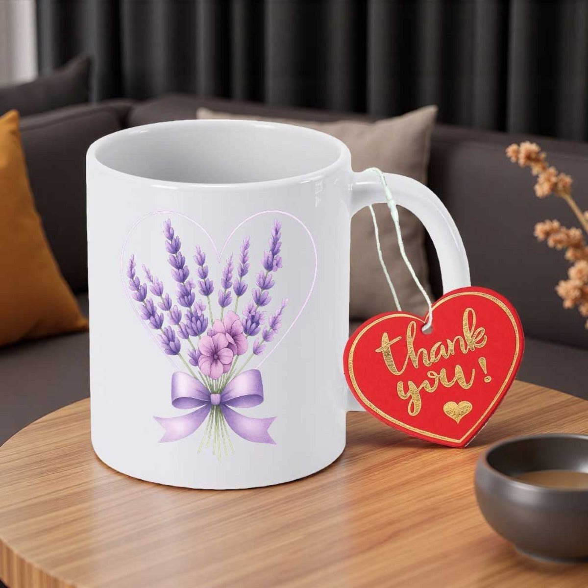Tailorly White Ceramic 11 oz Mug - Thank You Purple Blooming Floral Bouquet Tied With A Soft Ribbon Lavender