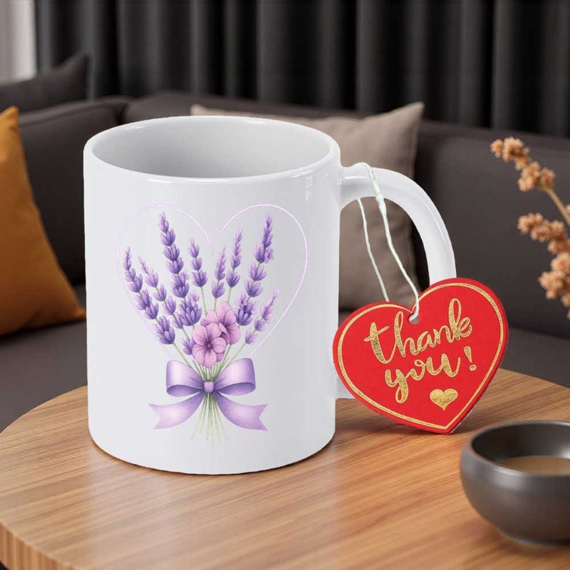 Tailorly White Ceramic 11 oz Mug - Thank You Purple Blooming Floral Bouquet Tied With A Soft Ribbon Lavender