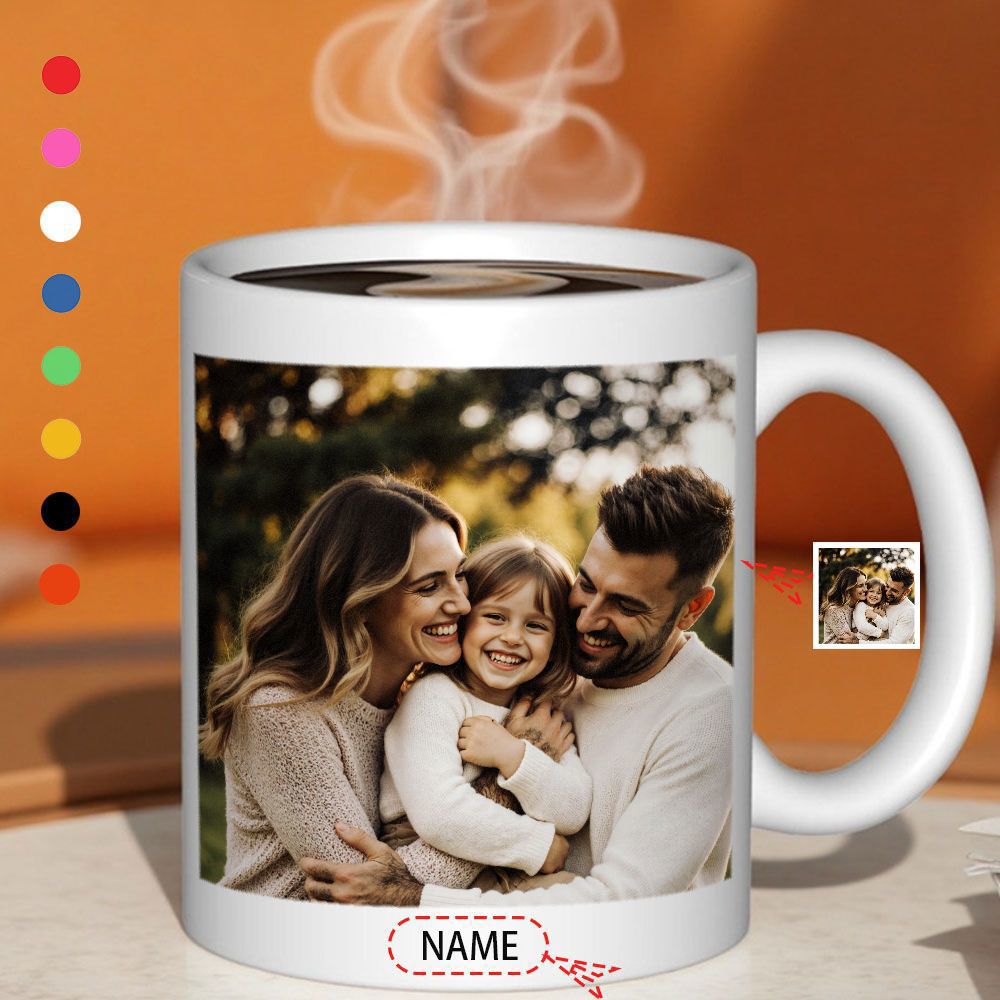 Tailorly White Ceramic 11 oz Mug - Name Heartwarming Smiling Parents And Child Embracing In Golden Natural Sunlight Family