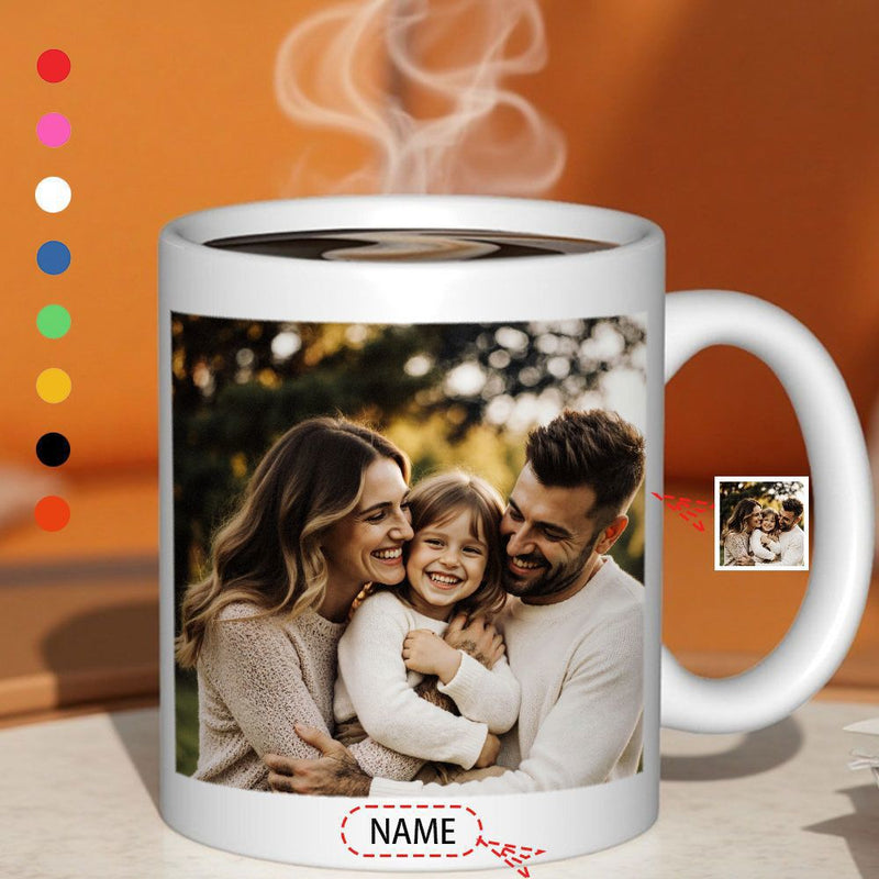 Tailorly White Ceramic 11 oz Mug - Name Heartwarming Smiling Parents And Child Embracing In Golden Natural Sunlight Family