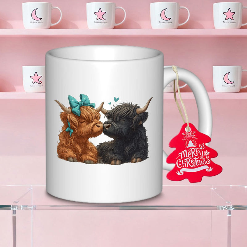 Tailorly White Ceramic 11 oz Mug - Merry Christmas Two Fluffy Highland Cows Sitting Together With A Teal Bow Cow