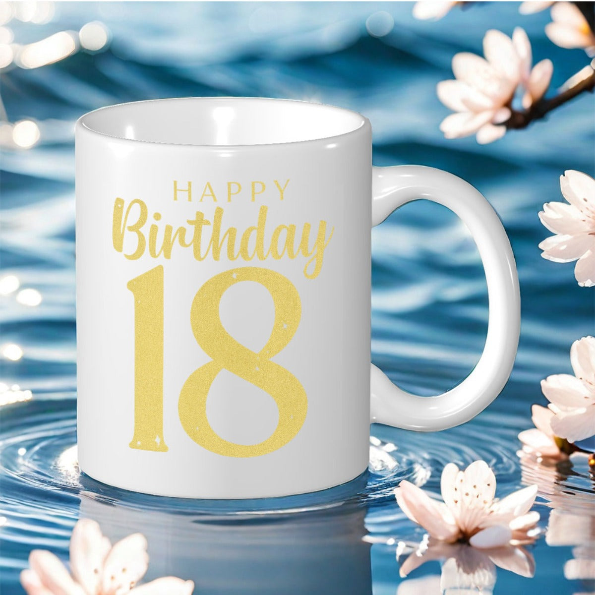 Tailorly White Ceramic 11 oz Mug - Happy Birthday 18 Elegant Golden Script Design Celebrating Eighteen Years Milestone Anniversary Number