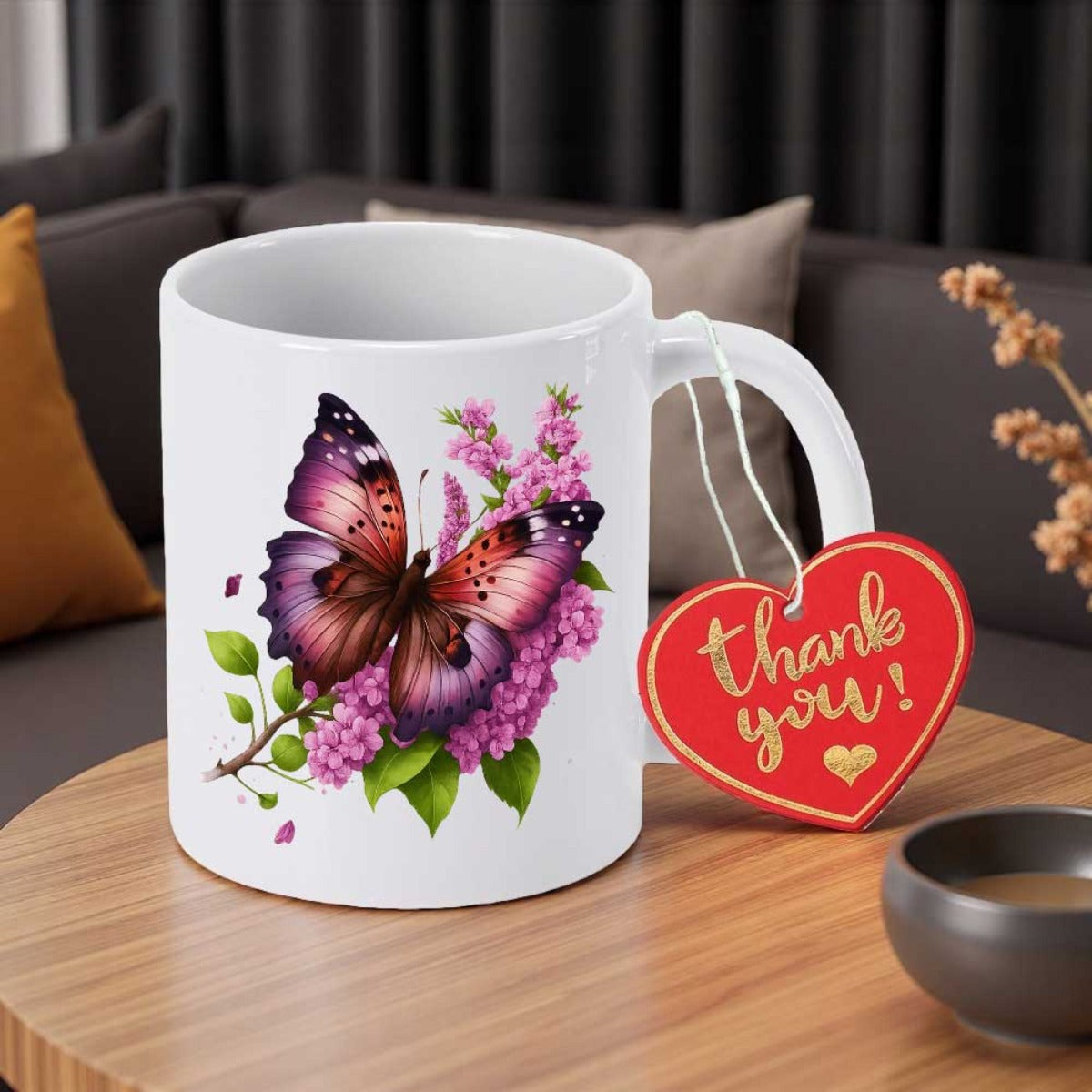 Tailorly White Ceramic 11 oz Mug - Thank You Vibrant Purple Butterfly Resting On Lilac Flowers With Green Leaves Butterfly