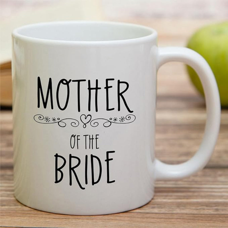 Tailorly White Ceramic 11 oz Mug - Mother Of The Bride Elegant Handwritten Script Featuring Minimalist Heart And Decorative Swirls Mug