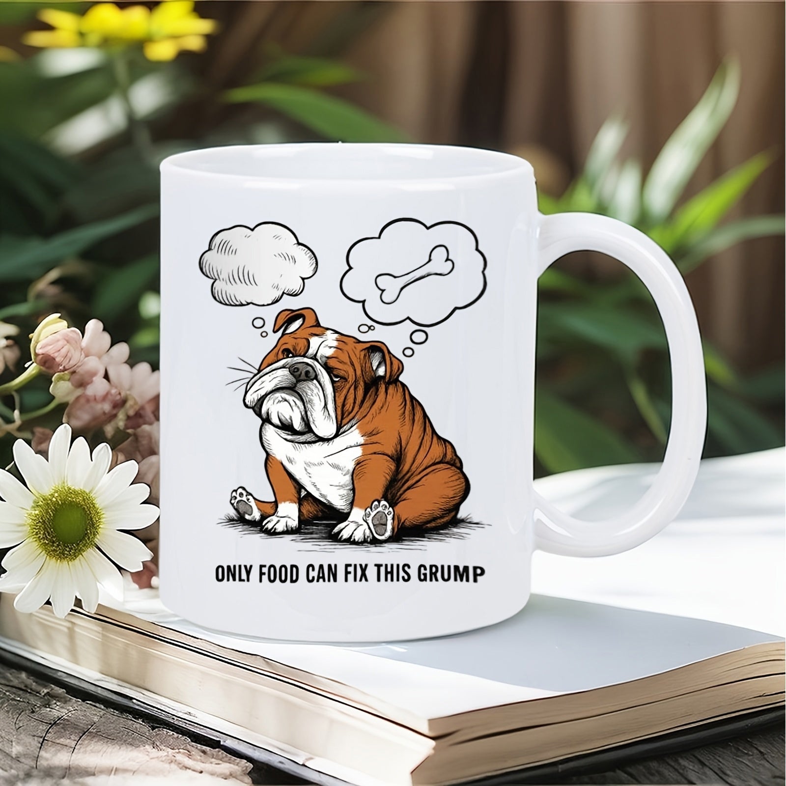 Tailorly White Ceramic 11 oz Mug - Only Food Can Fix This Grump Grumpy Cartoon Brown And White Sitting Dog With Thoughts Of Bone Bulldog