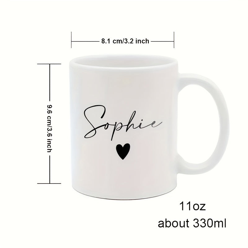 Tailorly White Ceramic 11 oz Mug - Sophie Minimalist Hand Written Name Featuring A Small Solid Black Heart