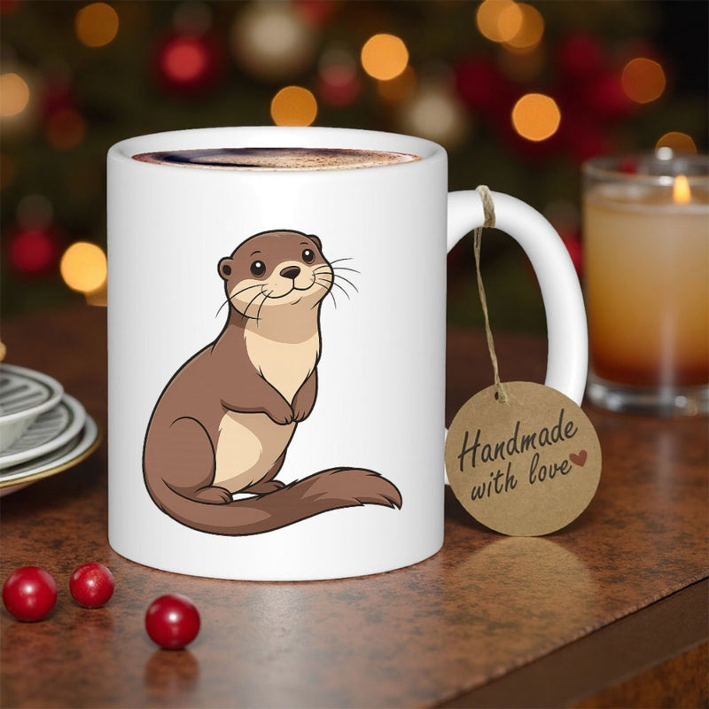 Tailorly White Ceramic 11 oz Mug - Handmade With Love Cute Smiling Brown Aquatic Animal Sitting Peacefully On White Surface Otter