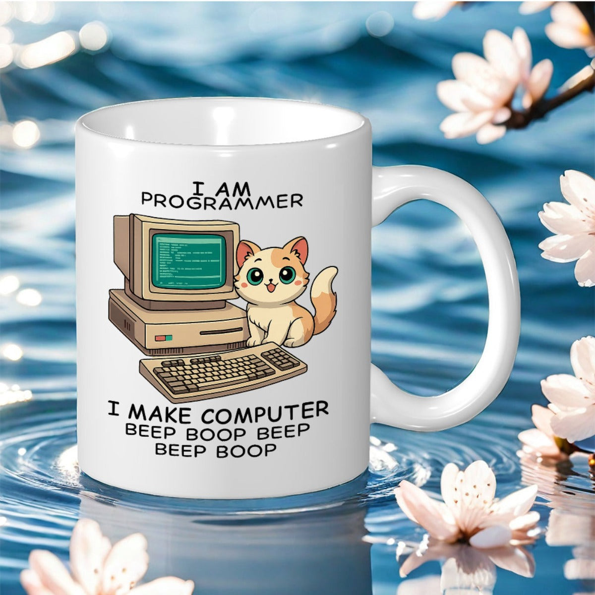Tailorly White Ceramic 11 oz Mug - I Am Programmer I Make Computer Beep Boop Beep Beep Boop Adorable Cartoon Ginger Cat Sitting Next To A Retro Vintage Computer