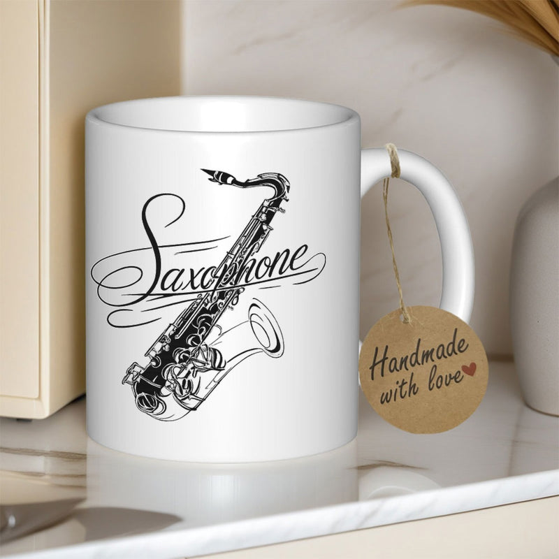 Tailorly White Ceramic 11 oz Mug - Saxophone Handmade With Love Musical Instrument Sketch With Artistic Details And Graceful Flowing Curves Saxophone