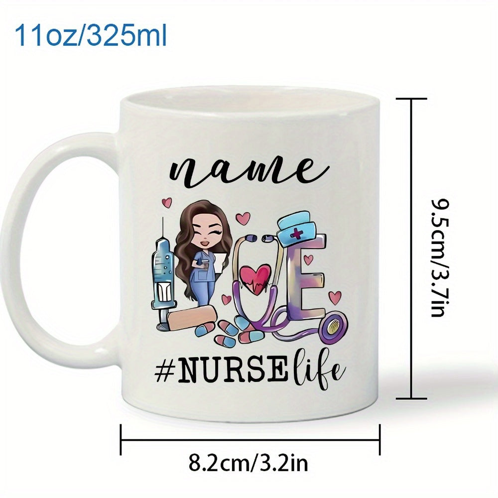 Tailorly White Ceramic 11 oz Mug - Name Nurselife Cartoon Professional With Stethoscope Hearts And Medical Symbols Design Nurse