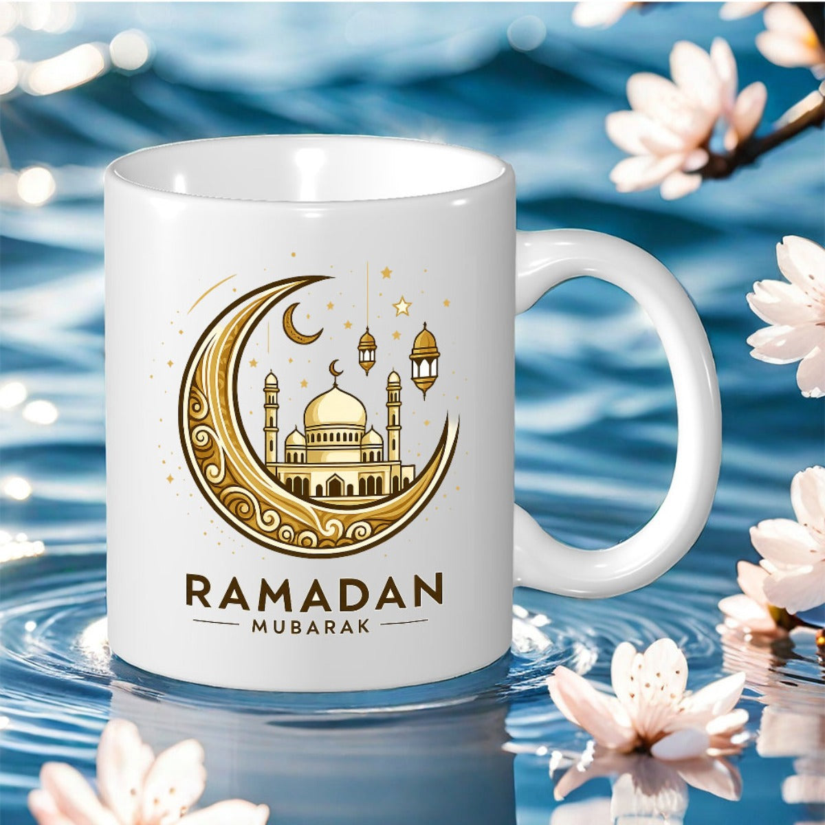 Tailorly White Ceramic 11 oz Mug - Ramadan Mubarak Golden Intricate Mosque Surrounded By Traditional Lanterns And Twinkling Stars Moon