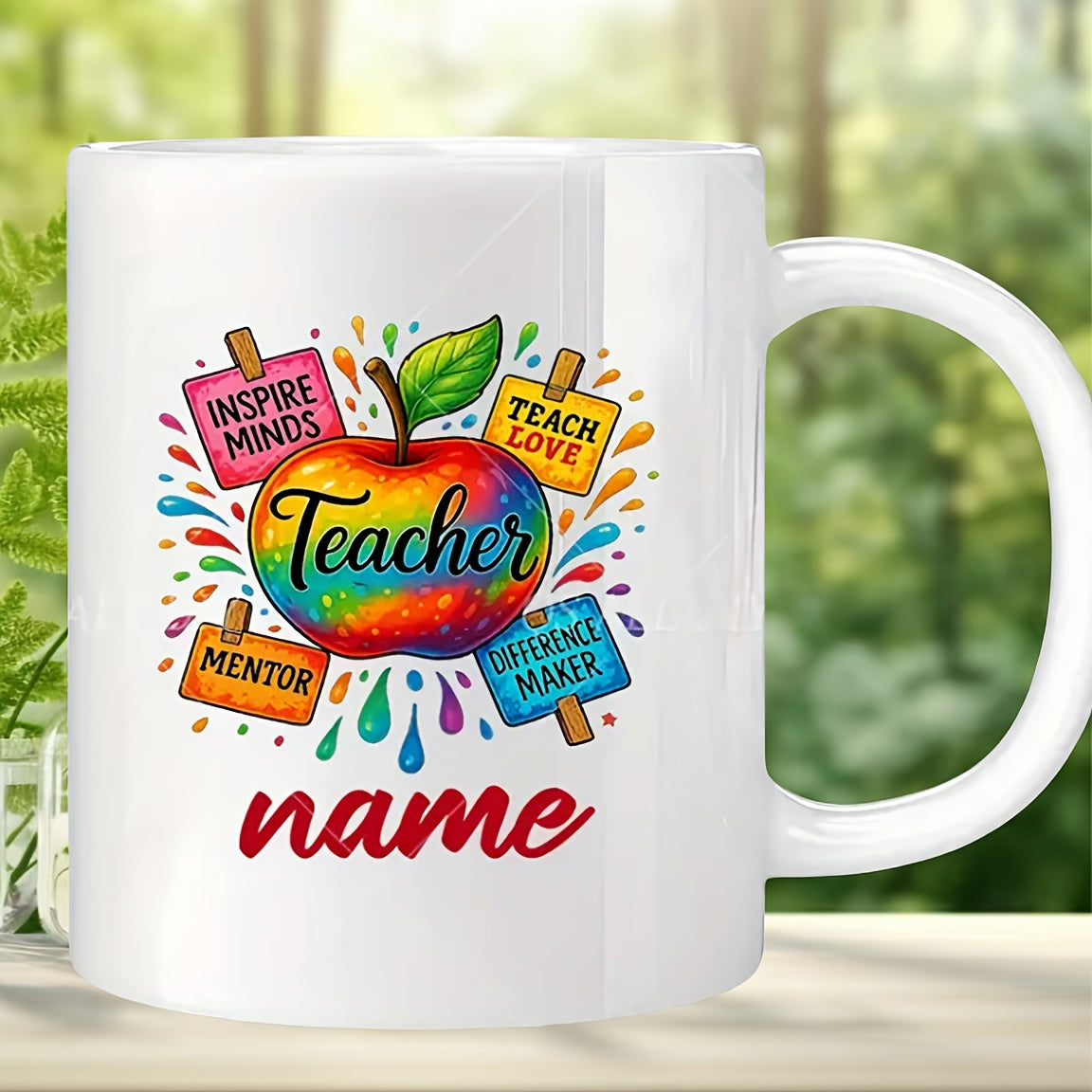 Tailorly White Ceramic 11 oz Mug - Teacher Inspire Minds Vibrant Rainbow Colored Pattern Surrounded By Educational Splatters Apple