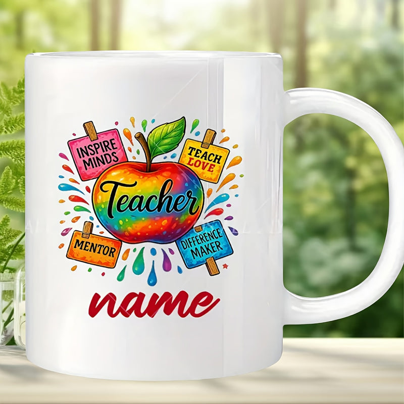Tailorly White Ceramic 11 oz Mug - Teacher Inspire Minds Vibrant Rainbow Colored Pattern Surrounded By Educational Splatters Apple
