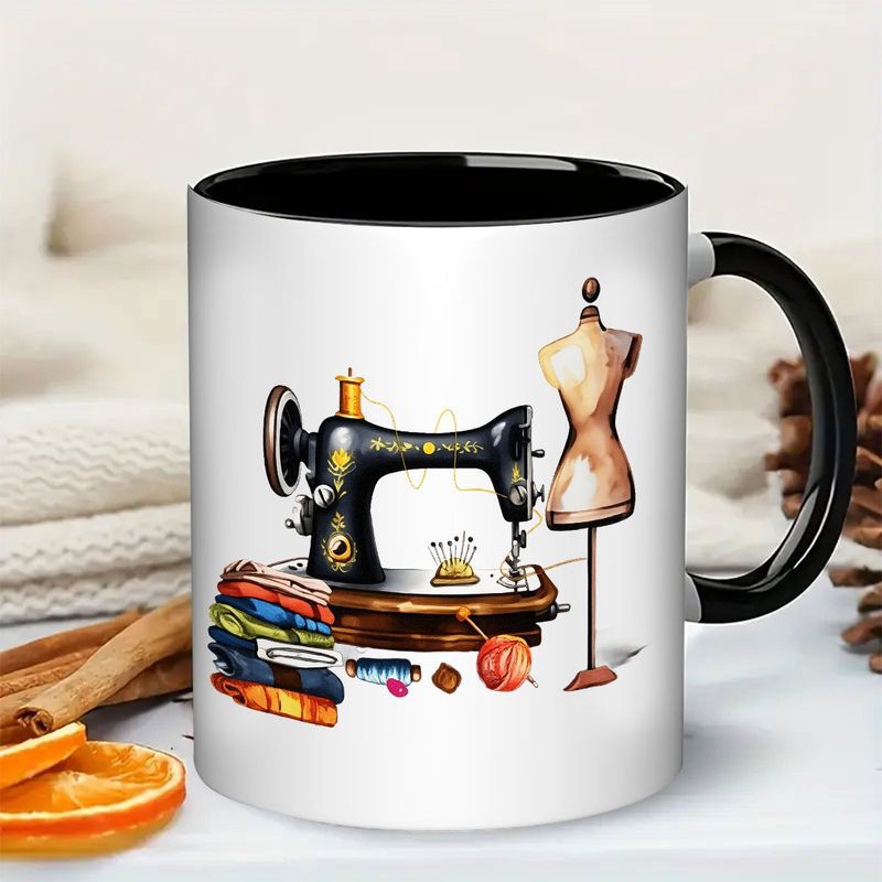 Tailorly Black Accent 11 oz Mug - sewing machine and mannequin