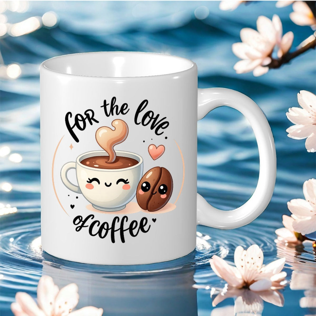 Tailorly White Ceramic 11 oz Mug - For The Love Of Coffee Cute Cartoon Cup With Heart Steam And Small Smiling Bean Mug