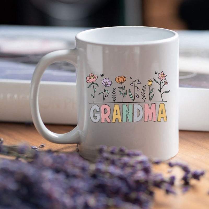 Tailorly White Ceramic 11 oz Mug - Grandma Delicate Hand Drawn Wildflowers Blooming In A Colorful Spring Meadow Garden Flower