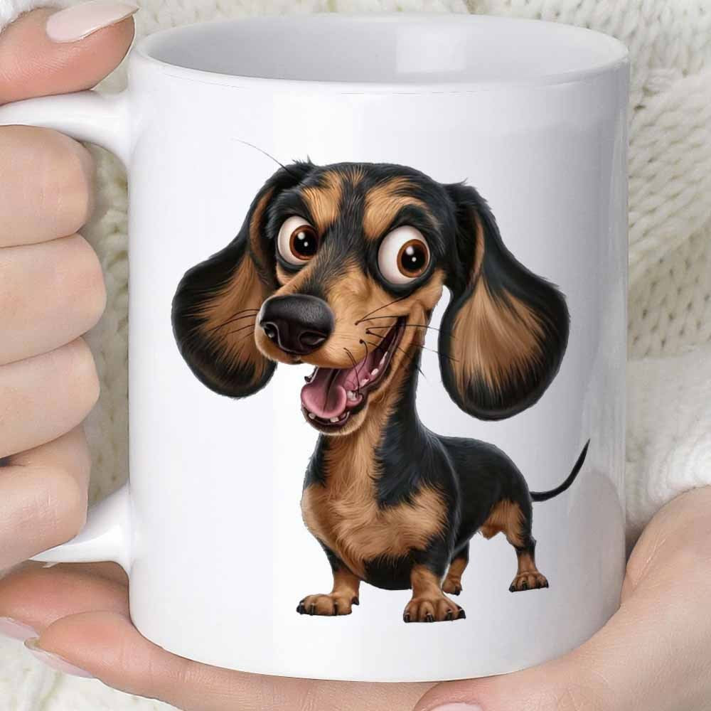 Tailorly White Ceramic 11 oz Mug - Happy Cartoon Dog With Large Eyes And Long Droopy Ears Standing Dachshund