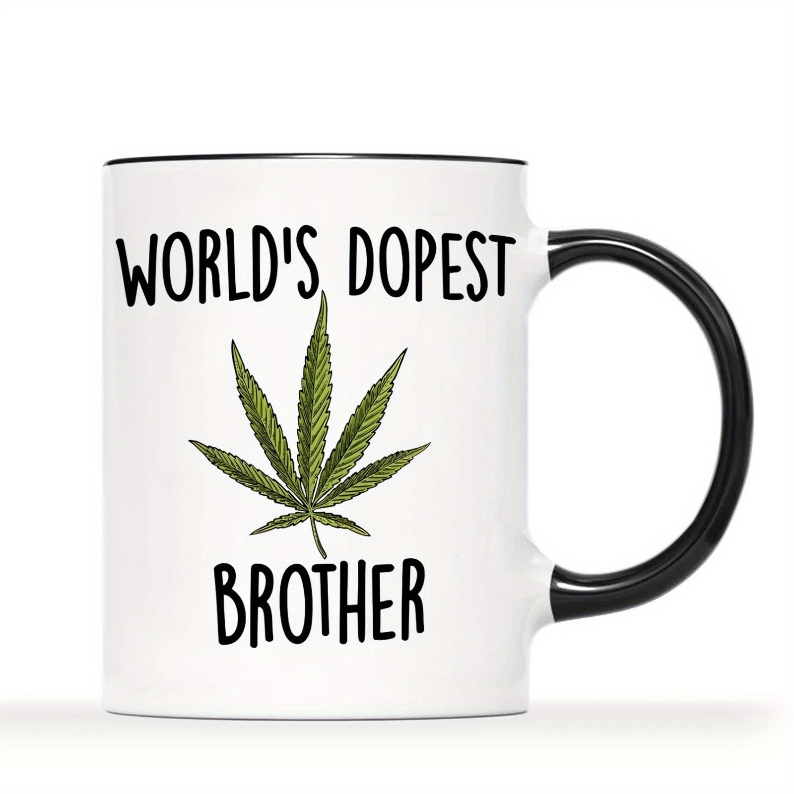 Tailorly Black Accent 11 oz Mug - worlds brother text with funny leaf design white black handles
