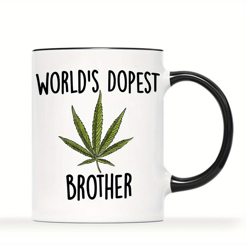 Tailorly Black Accent 11 oz Mug - worlds brother text with funny leaf design white black handles