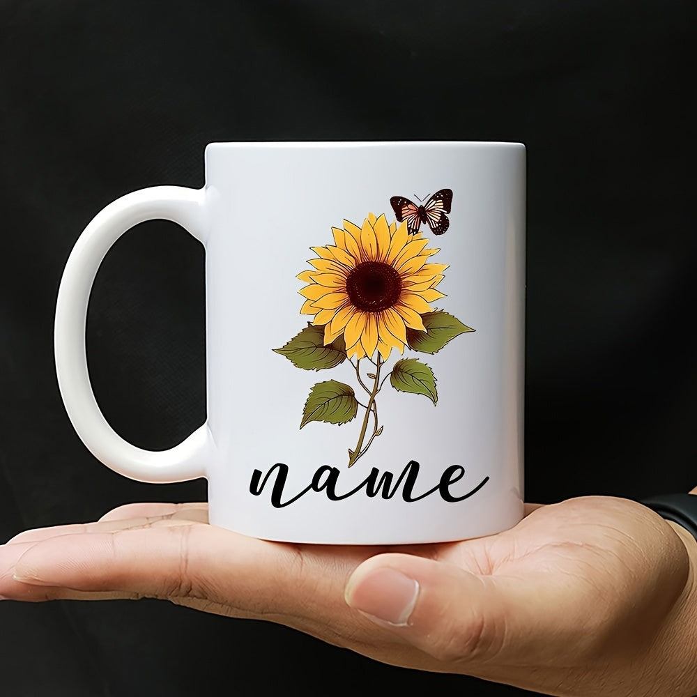 Tailorly White Ceramic 11 oz Mug - Name Blooming Yellow Sunflower With Green Leaves And Delicate Butterfly Fluttering Above Sunflower