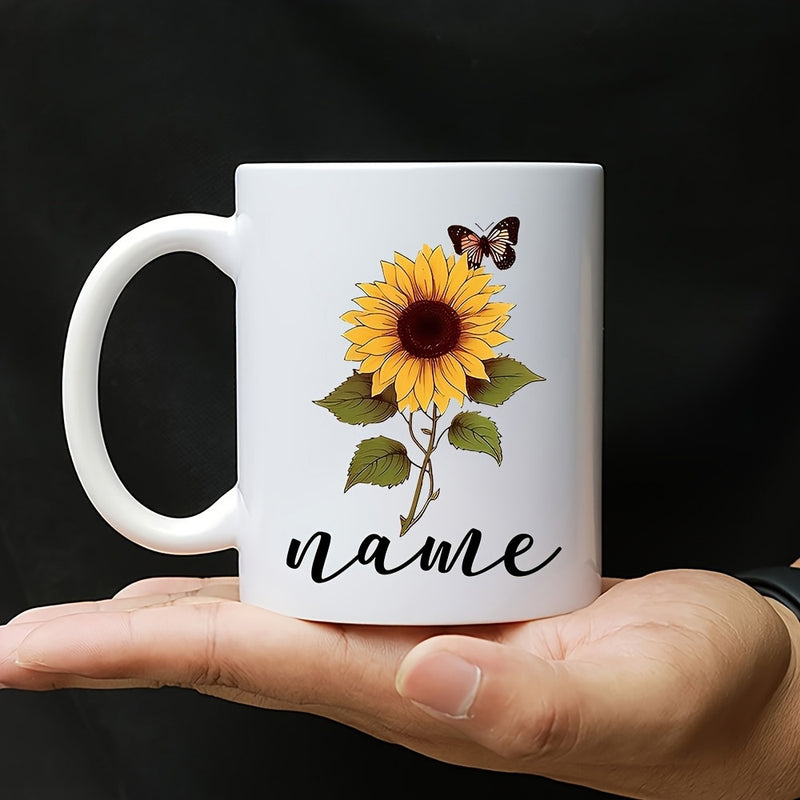 Tailorly White Ceramic 11 oz Mug - Name Blooming Yellow Sunflower With Green Leaves And Delicate Butterfly Fluttering Above Sunflower