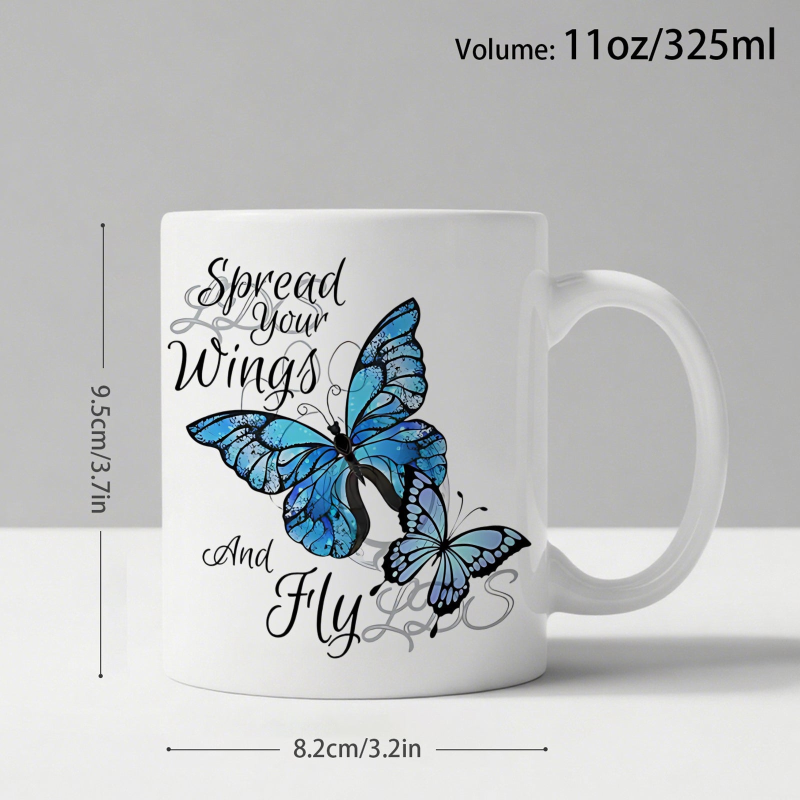 Tailorly White Ceramic 11 oz Mug - Spread Your Wings And Fly Vibrant Blue Butterflies With Delicate Wings Soaring Gracefully Amidst Artistic Swirls Butterfly