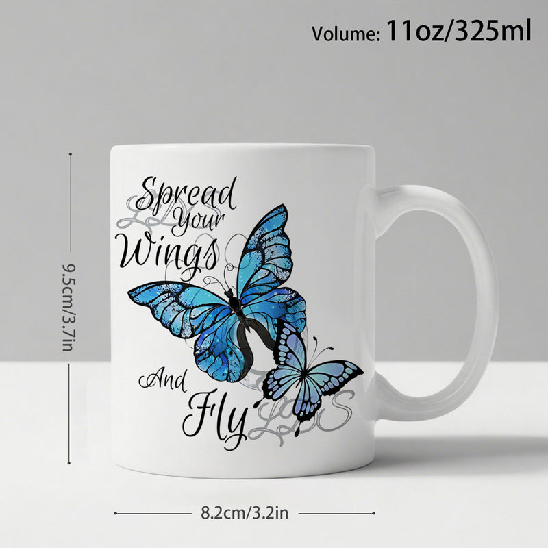 Tailorly White Ceramic 11 oz Mug - Spread Your Wings And Fly Vibrant Blue Butterflies With Delicate Wings Soaring Gracefully Amidst Artistic Swirls Butterfly