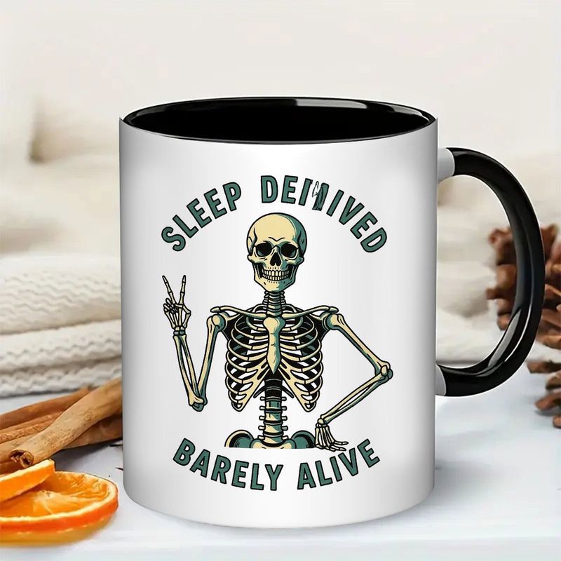 Tailorly Black Accent 11 oz Mug - sleep deprived skeleton