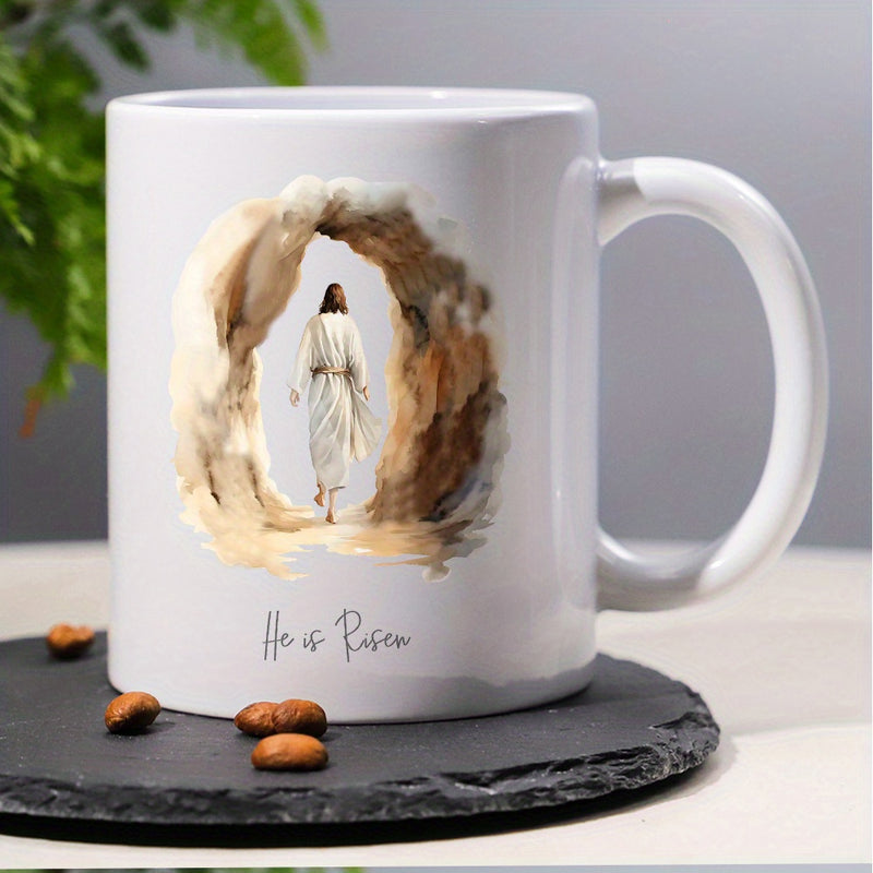Tailorly White Ceramic 11 oz Mug - He Is Risen Divine Light Shining Through Open Stone Tomb With Holy Figure Resurrection