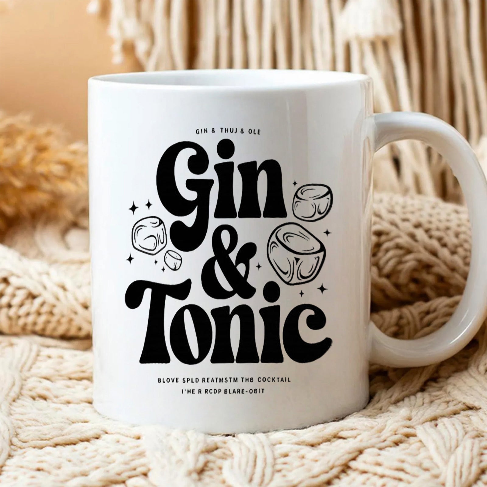 Tailorly White Ceramic 11 oz Mug - Gin Tonic Retro Groovy Font With Refreshing Floating Chilled Ice Cubes Illustration