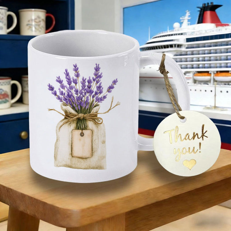 Tailorly White Ceramic 11 oz Mug - Beautiful Purple Flowers Inside Rustic Burlap Bag Tied With Twine Lavender