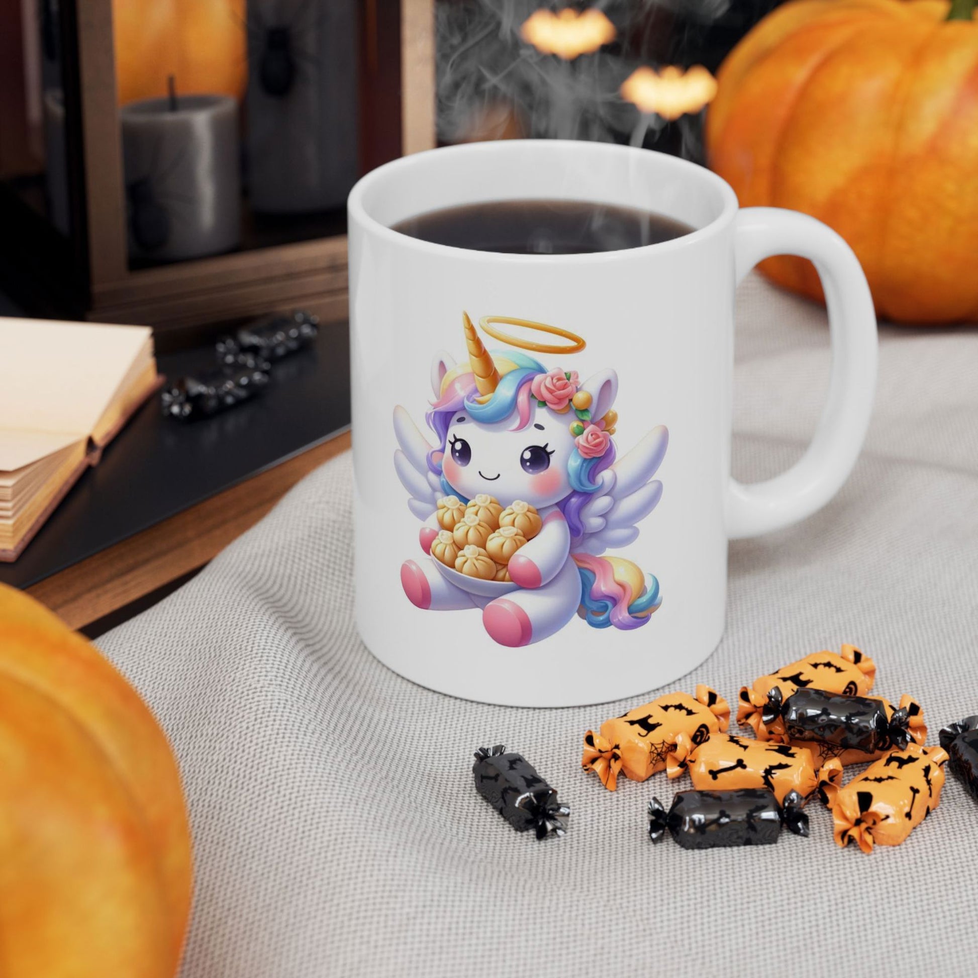 Tailorly White Ceramic 11 oz Mug - Adorable Angelic Winged Creature Holding Golden Potato Snacks Among Pastel Colors Unicorn