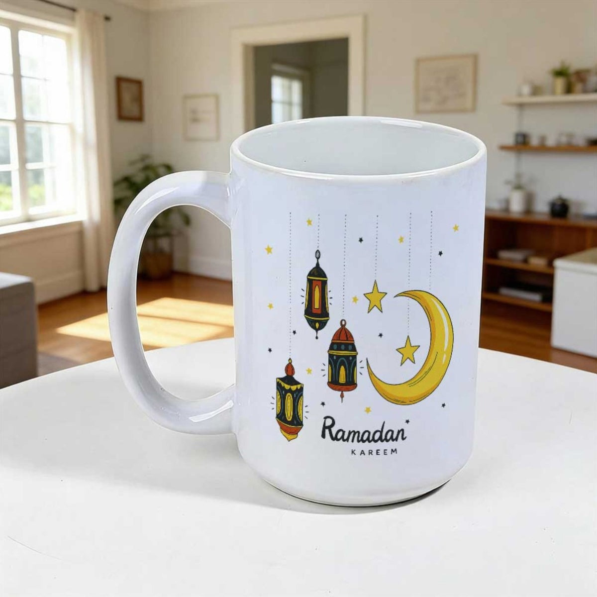 Tailorly White Ceramic 11 oz Mug - Ramadan Kareem Hanging Traditional Lanterns Among Golden Crescent Moon And Tiny Stars Lantern