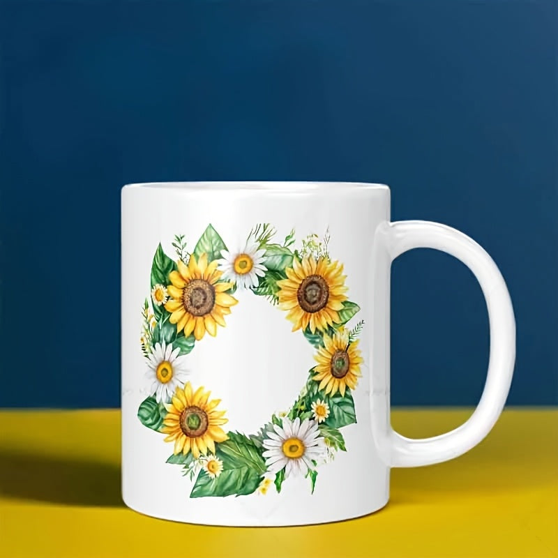 Tailorly White Ceramic 11 oz Mug - Vibrant Watercolor Sunflower And Daisy Floral Arrangement With Green Leaves Wreath