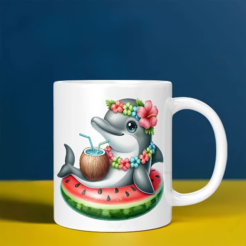 Tailorly White Ceramic 11 oz Mug - Cheerful Summer Wearing Flower Lei Floating On A Watermelon Slice Dolphin