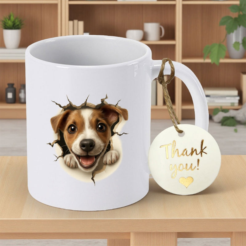 Tailorly White Ceramic 11 oz Mug - Thank You Adorable Brown And White Puppy Peeking Through A Cracked Surface Dog