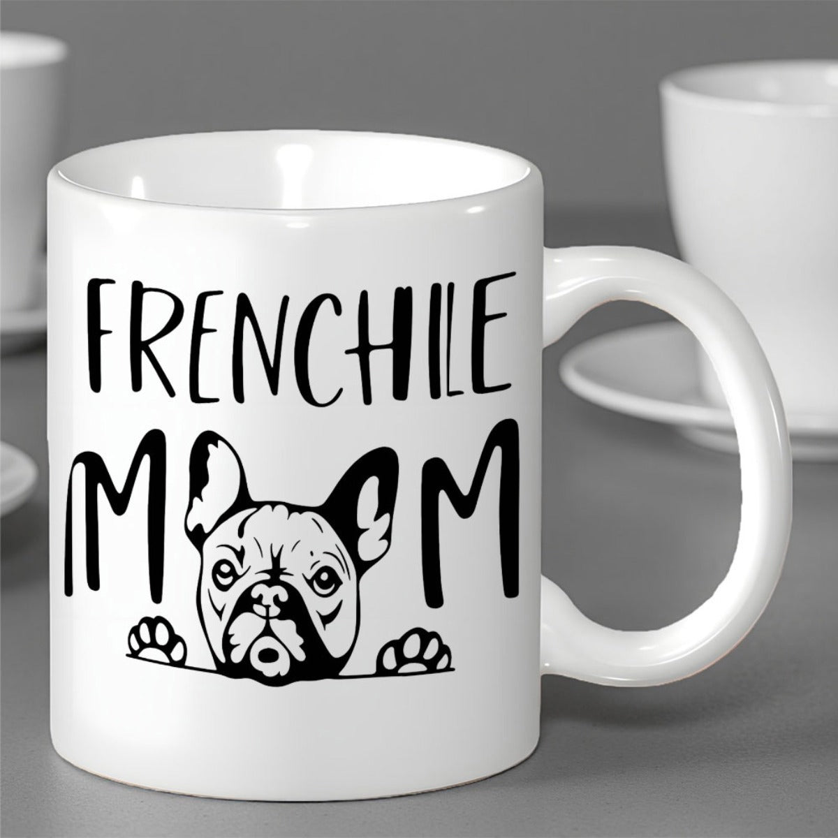 Tailorly White Ceramic 11 oz Mug - Frenchie Mom Peeking Dog With Pointy Ears And Paws In Minimalist Style Bulldog